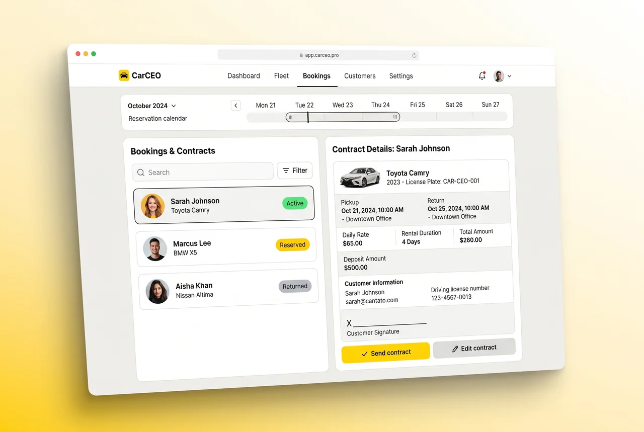 CarCEO bookings and contracts page on desktop — agreement list, deposit, e-signature