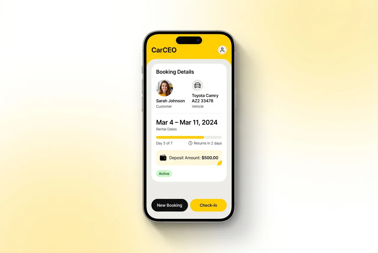 CarCEO booking on a phone — customer, vehicle, rental dates and check-in