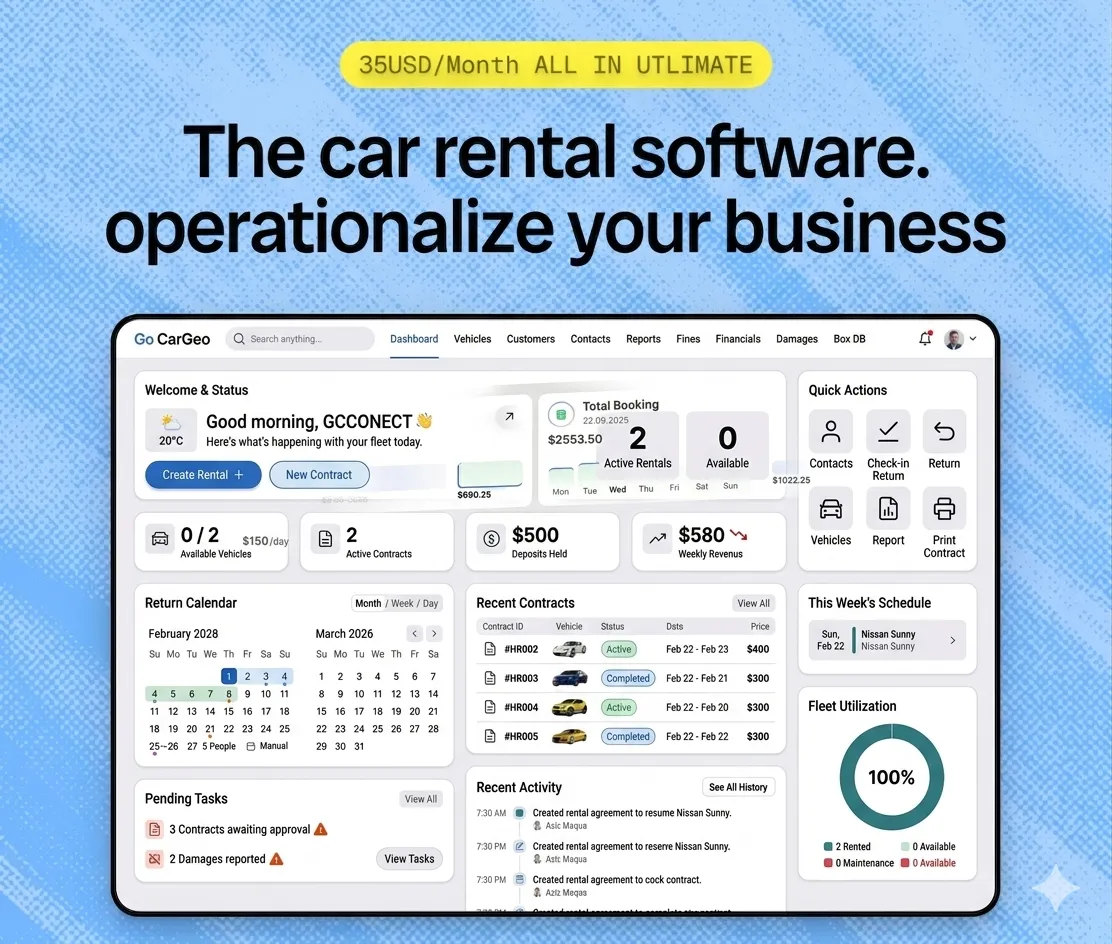 Real CarCEO dashboard with calendar, activity and fleet utilization