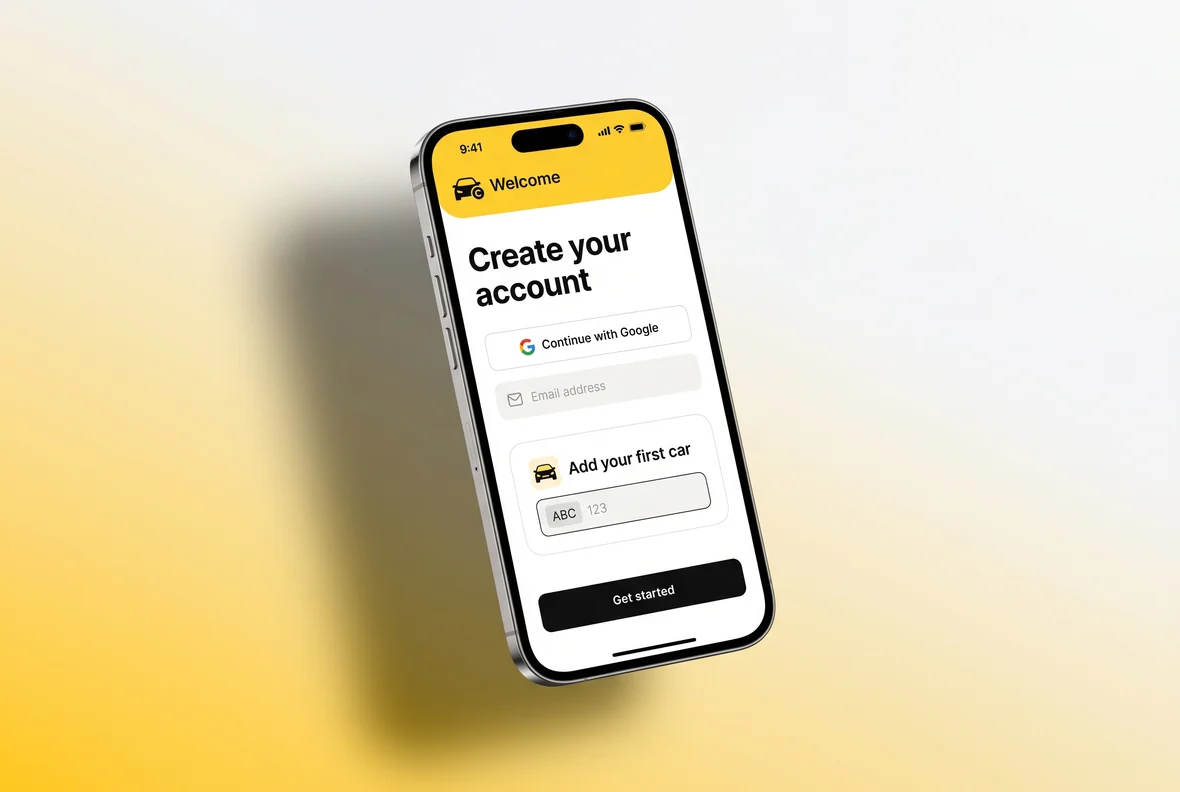 CarCEO sign-up screen on a phone — Continue with Google and add your first car